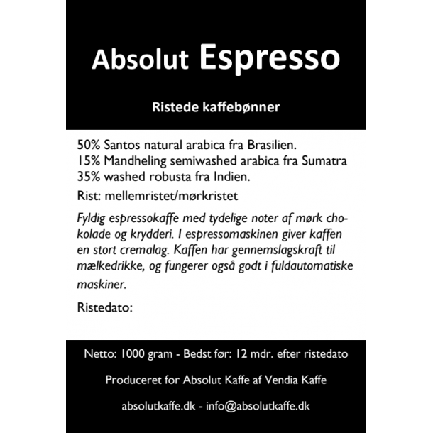 Absolut Espresso 1 kg friskristede bønner - Ristet 27. november