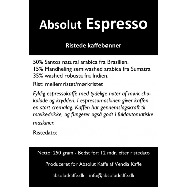 Absolut Espresso 250g friskristede bønner - Ristet 16. januar
